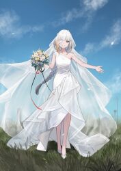 Rule 34 | 1girl, blonde hair, bouquet, braid, bridal veil, cloud, cloudy sky, collarbone, commentary request, dress, earrings, eyepatch, flower, full body, girls&#039; frontline, grass, highres, holding, holding bouquet, jewelry, looking at viewer, m16a1 (boss) (girls&#039; frontline), m16a1 (girls&#039; frontline), mole, mole under eye, multicolored hair, open arms, outdoors, ring, scar, scar on face, shoes, single bare shoulder, single braid, sky, sleeveless, sleeveless dress, smile, solo, taiyang ami, veil, wedding dress, wedding ring, white dress, white footwear, white hair