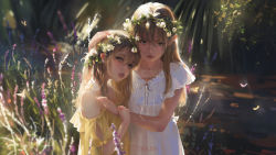 Rule 34 | 2girls, artist name, bare shoulders, blonde hair, blue eyes, bug, butterfly, closed mouth, day, dress, flower, forest, g-tz, hair between eyes, hand on another&#039;s shoulder, highres, hug, insect, light rays, lips, long hair, looking at viewer, multiple girls, nature, original, outdoors, parted lips, standing, sunbeam, sunlight, white dress, yellow dress