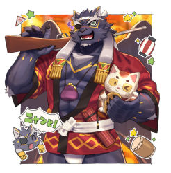 Rule 34 | 1boy, abs, alternate costume, animal ears, bara, bare pectorals, bulge, chest hair, chest tattoo, chibi, chibi inset, eyepatch, feathered wings, festival, forked eyebrows, furry, furry male, green eyes, grey fur, gun, hachimaki, happi, headband, jaguar boy, jaguar ears, jaguar tail, japanese clothes, large pectorals, male focus, muscular, nipples, one eye covered, over shoulder, pectorals, rifle, short hair, solo, tail, tattoo, tezcatlipoca (housamo), thick eyebrows, thick thighs, thighs, tokyo houkago summoners, weapon, weapon over shoulder, weapon request, wings, yow