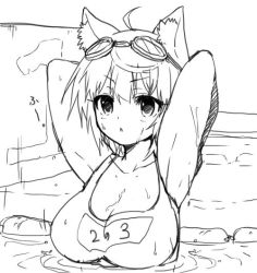 Rule 34 | 1girl, animal ear fluff, animal ears, arms up, breasts, goggles, goggles on head, greyscale, large breasts, mofuaki, monochrome, original, sketch, solo