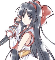 Rule 34 | 1girl, ainu clothes, black hair, blue eyes, breasts, fingerless gloves, from side, gloves, hair ribbon, looking at viewer, medium breasts, nakoruru, no bra, parted lips, ribbon, samurai spirits, sideboob, snk, solo, the king of fighters, weapon