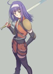 Rule 34 | 1girl, aduti momoyama, ahoge, arm warmers, black footwear, black thighhighs, boots, closed mouth, elbow pads, fingerless gloves, fire emblem, fire emblem: path of radiance, gloves, green eyes, grey background, hairband, hand on own hip, high collar, highres, holding, holding sword, holding weapon, long hair, looking at viewer, mia (fire emblem), nintendo, orange gloves, over shoulder, purple hair, simple background, single shoulder pad, smile, solo, standing, sword, thighhighs, weapon, weapon over shoulder, white hairband, zettai ryouiki