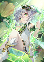 Rule 34 | 1girl, commentary request, cross-shaped pupils, dress, genshin impact, green eyes, grey hair, hair ornament, hands up, knee up, leaf hair ornament, long hair, looking at viewer, mizurapi, nahida (genshin impact), open mouth, pointy ears, side ponytail, smile, solo, stirrup footwear, symbol-shaped pupils, thighs, white dress