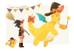 Rule 34 | 1boy, alternate costume, ash ketchum, black hair, boots, bow, broom, brown capelet, brown footwear, brown headwear, capelet, closed mouth, commentary request, creatures (company), dododo dadada, dragonite, closed eyes, from side, game freak, gen 1 pokemon, hat, clothed pokemon, holding, holding broom, holding wand, male focus, nintendo, orange bow, orange shorts, pikachu, pokemon, pokemon (anime), pokemon (creature), pokemon journeys, puffy shorts, short hair, shorts, smile, standing, striped, striped bow, wand, witch hat