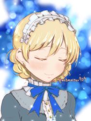 Rule 34 | 1girl, bad id, bad twitter id, blonde hair, blue background, blue dress, blue ribbon, blush, braid, closed eyes, closed mouth, collared dress, commentary, darjeeling (girls und panzer), dress, earrings, formal, frilled hairband, frills, girls und panzer, hairband, high collar, highres, jewelry, katsuragi (webmaster909), light particles, neck ribbon, one-hour drawing challenge, portrait, ribbon, short hair, smile, solo, stud earrings, twin braids, twitter username, white hairband