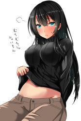 Rule 34 | 10s, 1girl, :t, agano (kancolle), alternate costume, aqua eyes, ar (lover boy), arm at side, arm support, black hair, black sweater, blush, breasts, casual, clothes lift, covered erect nipples, highres, kantai collection, large breasts, long hair, looking at viewer, midriff peek, navel, no bra, pout, ribbed sweater, sitting, solo, sweater, sweater lift, turtleneck, turtleneck sweater, weight conscious