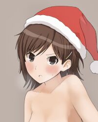 1girl amagami brown_background brown_eyes collarbone cropped fur-trimmed_headwear fur_trim gyuunyuu_pack_(tanaka) hat highres itou_kanae_(amagami) looking_at_viewer nude open_mouth red_hat santa_hat simple_background solo upper_body