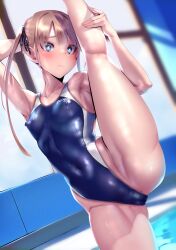 Rule 34 | 1girl, absurdres, andou you, black ribbon, blonde hair, blue eyes, blue one-piece swimsuit, blush, breasts, brown hair, closed mouth, commentary request, competition swimsuit, covered erect nipples, covered navel, cowboy shot, dutch angle, hair ribbon, highleg, highleg swimsuit, highres, indoors, kneepits, leg hold, leg up, long hair, looking at viewer, one-piece swimsuit, original, ribbon, small breasts, solo, split, standing, standing on one leg, standing split, swimsuit, twintails