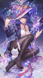 Rule 34 | 1girl, absurdres, artist name, atdan, blue flower, blunt bangs, breasts, cat, cleavage, crystalfly (genshin impact), detached collar, electricity, feet, flower, full body, genshin impact, hand on headwear, hat, hat flower, highres, large breasts, long hair, long sleeves, looking at viewer, mole, mole under eye, nail polish, neck tassel, no shoes, open clothes, open shirt, pantyhose, parted lips, print shirt, purple eyes, purple flower, purple hair, purple hat, purple nails, purple shirt, raiden shogun, shirt, sitting, solo, very long hair, witch hat