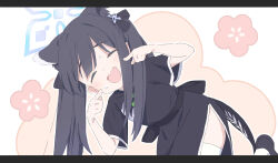 Rule 34 | 1girl, absurdres, animal ears, black dress, black footwear, black hair, blue archive, closed eyes, dress, extra, flat chest, hair ornament, halo, highres, laika (sputnik2nd), leaning to the side, letter, long hair, open mouth, pointing, pointing at self, shoes, short sleeves, shun (blue archive), shun (small) (blue archive), side slit, solo, standing, standing on one leg, sweat, thighhighs, white thighhighs