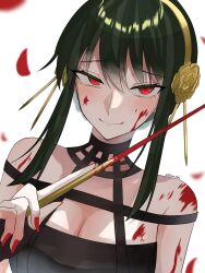 Rule 34 | 1girl, absurdres, bare shoulders, blood, blood on body, blood on face, blush, breasts, cleavage, closed mouth, commentary, dutch angle, falling petals, green hair, hair between eyes, highres, holding, holding weapon, large breasts, looking at viewer, nail polish, petals, red eyes, red nails, short hair with long locks, sidelocks, simple background, slit pupils, solo, spy x family, tsukuno tsuki, twitter username, upper body, weapon, white background, yor briar