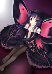 Rule 34 | 10s, 1girl, absurdres, accel world, black gloves, bug, butterfly, butterfly wings, detached sleeves, dress, elbow gloves, gloves, hairband, highres, insect, insect wings, kuroyukihime, long hair, orange eyes, pantyhose, purple hair, qiuzhi huiyi, sitting, solo, wings