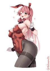 Rule 34 | 1girl, akashi (kancolle), alternate costume, animal ears, bare shoulders, black bow, black bowtie, black pantyhose, blunt tresses, bow, bowtie, breasts, clenched hand, commentary request, covered navel, cowboy shot, detached collar, ebifurya, fake animal ears, fake tail, gloves, green eyes, highleg, highleg leotard, highres, kantai collection, large breasts, leotard, long hair, looking at viewer, one-hour drawing challenge, one eye closed, open mouth, pantyhose, playboy bunny, rabbit ears, rabbit tail, red leotard, simple background, smile, solo, sparkle, strapless, strapless leotard, tail, teeth, thighband pantyhose, twitter username, upper teeth only, white background, white gloves
