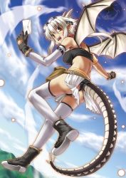 Rule 34 | 1girl, :d, albino, armlet, ass, dragon girl, fangs, flying, gloves, goggles, goggles on head, horns, letter, miyai sen, monster girl, open mouth, original, pointy ears, red eyes, short hair, smile, solo, tail, thighhighs, white hair, white thighhighs, wings