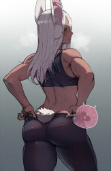 Rule 34 | 1girl, adjusting clothes, after vaginal, aftersex, alternate costume, animal ears, ass, bare shoulders, blush, boku no hero academia, cross-section, dark-skinned female, dark skin, duplicate, from behind, highres, implied sex, impregnation, long hair, looking at viewer, mirko, pants, parted bangs, rabbit ears, rabbit girl, rabbit tail, ratatatat74, red eyes, see-through, solo, sperm cell, sports bra, sweat, tail, thighs, tight clothes, tight pants, toned, white hair, yoga pants