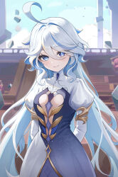 Rule 34 | 1girl, ahoge, arms behind back, blue dress, blue eyes, blue hair, blurry, blurry background, closed mouth, clothing cutout, commentary request, cosplay, dress, drop-shaped pupils, furina (genshin impact), furrowed brow, genshin impact, gold trim, hair intakes, highres, juliet sleeves, long hair, long sleeves, looking at viewer, multicolored hair, prana (prana12), puffy sleeves, smile, solo, stairs, streaked hair, symbol-shaped pupils, two-tone dress, upper body, very long hair, wavy hair