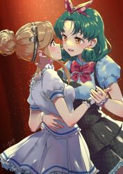 Rule 34 | 2girls, black skirt, blonde hair, blush, bow, bowtie, breasts, brown eyes, brown hair, commentary, curly hair, dancing, dress, eye contact, frilled dress, frills, from side, gloves, green hair, hair bun, hairband, holding hands, idolmaster, idolmaster million live!, idolmaster million live! theater days, jewelry, looking at another, medium breasts, multiple girls, niina ryou, open mouth, parted bangs, pleated skirt, profile, red bow, red bowtie, ribbon, sidelocks, single hair bun, skirt, smile, tenkuubashi tomoka, tokugawa matsuri, white dress, white skirt