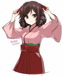 Rule 34 | 1girl, bow, breasts, brown hair, cowboy shot, dated, drill hair, hair bow, hair over shoulder, hakama, harukaze (kancolle), highres, holding, holding ribbon, japanese clothes, kantai collection, kimono, long hair, looking at viewer, medium breasts, meiji schoolgirl uniform, pedopetton, pink kimono, red bow, red eyes, red hakama, red ribbon, ribbon, simple background, smile, solo, twin drills, twitter username, white background