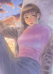 Rule 34 | 1girl, asymmetrical hair, blush, breasts, brown eyes, brown hair, cloud, cloudy sky, denim, expressionless, highres, jacket, jacket partially removed, jeans, long sleeves, makki (tobaccos), original, outdoors, pants, short hair, sky, solo, sweater, traditional media, turtleneck, turtleneck sweater, wrinkled skin