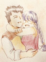 Rule 34 | 1boy, 1girl, absurdres, arm around shoulder, arms around another&#039;s neck, black hair, braid, breasts, chinese clothes, closed eyes, glasses, happy, highres, hug, large breasts, long hair, necktie, oogami ichirou, open mouth, pointy hair, purple hair, ri kouran, sakura taisen, sega, sideboob, smile, traditional media, twin braids