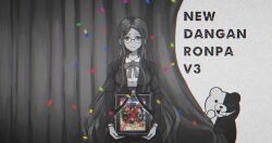 Rule 34 | 1girl, bear, blazer, bow, bowtie, closed mouth, collared shirt, confetti, copyright name, cowboy shot, curtains, danganronpa (series), danganronpa v3: killing harmony, frown, glasses, greyscale, high-waist skirt, highres, holding, holding frame, iei, jacket, layered sleeves, long hair, long sleeves, looking at viewer, monochrome, monokuma, official art inset, open clothes, open jacket, round eyewear, sakana (pixiv 10339425), shirogane tsumugi, shirt, simple background, skirt, solo, spoilers, spot color, straight-on, third-party source, very long hair