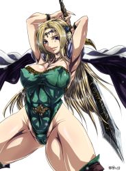 Rule 34 | 1990s (style), 1girl, abs, armpits, bad id, bad pixiv id, blonde hair, blue eyes, boots, breasts, cameltoe, cape, celes chere, circlet, covered erect nipples, final fantasy, final fantasy vi, grin, large breasts, leotard, long hair, madhatter hello, muscular, pinky out, retro artstyle, see-through, smile, solo, sword, thick thighs, thighs, very long hair, weapon