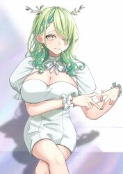 Rule 34 | 1girl, absurdres, antlers, arm under breasts, blush, bow, braid, braided bangs, branch, breasts, ceres fauna, cleavage cutout, clothing cutout, colored tips, dress, earrings, flower, frills, green hair, green nails, hair flower, hair ornament, heart, heart hands, highres, hololive, hololive english, horns, jewelry, large breasts, looking at viewer, medium hair, mizuhasi, mole, mole under eye, multicolored hair, nail polish, one eye closed, puffy sleeves, ribbon, short dress, short sleeves, single braid, smile, solo, streaked hair, virtual youtuber, white bow, yellow eyes