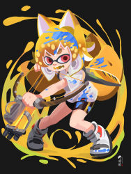 Rule 34 | 1girl, animal ears, bike shorts, black background, black shorts, blonde hair, bow (weapon), commentary request, domino mask, fangs, fox ears, fox girl, fox tail, highres, holding, holding bow (weapon), holding weapon, indie virtual youtuber, inkling, inkling player character, kamiya ris, kuro kosyou, looking at viewer, mask, nintendo, open mouth, paint, red eyes, shirt, shoes, short eyebrows, short shorts, short sleeves, shorts, solo, splatoon (series), splatoon 3, tail, thick eyebrows, virtual youtuber, weapon, white footwear, white shirt