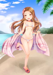 1girl beach bikini blush bow brown_eyes brown_hair cameltoe flip-flops frilled_bikini frills hair_bow idolmaster idolmaster_(classic) long_hair micro_bikini minase_iori navel open_mouth sandals swimsuit towel ukeshi_(artist)