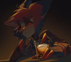 Rule 34 | 1boy, alastor (hazbin hotel), alcohol, aluih7, commentary, cup, drinking glass, english commentary, hand on own face, hazbin hotel, highres, looking at viewer, male focus, short hair, sitting, smile, solo