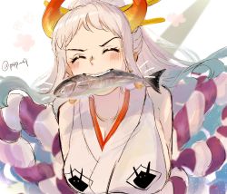 Rule 34 | 1girl, breasts, fish, fish in mouth, highres, horns, japanese clothes, large breasts, long hair, one piece, sideboob, yamato (one piece)
