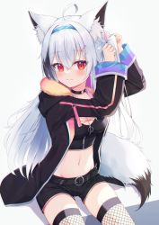 Rule 34 | 1girl, :3, ahoge, animal ears, arms up, belt, black choker, black jacket, black shirt, black shorts, breasts, choker, cleavage, crop top, fishnet thighhighs, fishnets, fox ears, fox girl, fox tail, hair ornament, hairband, hairclip, hood, hood down, hooded jacket, jacket, long hair, long sleeves, looking at viewer, medium breasts, midriff, miso (misomiso 154), multicolored hair, navel, one side up, open clothes, open jacket, original, red eyes, shirt, short shorts, shorts, sitting, solo, stomach, streaked hair, tail, thighhighs, thighs, tying hair, white hair, x hair ornament