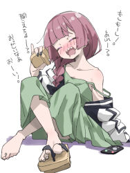 Rule 34 | 1girl, bare shoulders, barefoot, black bow, black jacket, black nails, blunt bangs, blush, bocchi the rock!, bow, braid, cellphone, closed eyes, collarbone, commentary, crossed legs, dress, drooling, drunk, full body, geta, green dress, hair bow, hair over shoulder, head tilt, highres, hiroi kikuri, holding, holding shoes, incoming call, jacket, long hair, long sleeves, medium dress, mouth drool, multicolored clothes, multicolored jacket, nail polish, off shoulder, open clothes, open jacket, open mouth, phone, pinky out, purple hair, sandals, sharp teeth, shoes, simple background, single braid, single sandal, sitting, smartphone, solo, strap slip, teeth, toes, translated, two-tone jacket, umi painter, white background, white jacket