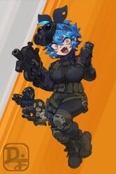 Rule 34 | 1girl, 2boys, ammunition pouch, assault rifle, belt pouch, black gloves, blue hair, boots, bow, breasts, bullpup, counter-strike (series), counter-strike 2, cross-laced footwear, dif (difman), difman, explosive, famas, fang, gas mask, gloves, grenade, gun, hair bow, highres, holding, holding gun, holding weapon, knee pads, large breasts, light machine gun, m249, machine gun, magazine (weapon), mask, military, mole, mole under eye, multicolored hair, multiple boys, open mouth, orange eyes, original, p90, personal defense weapon, pouch, rifle, short hair, simple background, strap, streaked hair, submachine gun, suppressor, tactical clothes, thigh pouch, thigh strap, weapon