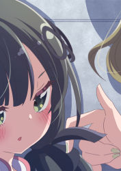 Rule 34 | 2girls, assault lily, black hair, black ribbon, blunt bangs, blush, borrowed clothes, commentary request, fingernails, flower knot, green eyes, green nails, hair over shoulder, hair ribbon, hand up, honkawa works, indoors, kuo shenlin, light brown hair, long hair, looking away, low ponytail, multiple girls, nail polish, out of frame, parted lips, portrait, ribbon, shadow, side ponytail, solo focus, wang yujia
