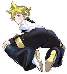 Rule 34 | 1boy, ass, blonde hair, blue eyes, detached sleeves, from behind, hair ornament, headset, kagamine len, leg warmers, looking at viewer, male focus, naoko (naonocoto), ponytail, sailor collar, short hair, short ponytail, shorts, simple background, soles, solo, vocaloid, white background