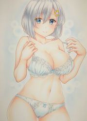 Rule 34 | 1girl, absurdres, blue eyes, bra, breasts, bubble background, cleavage, grey hair, hair ornament, hamakaze (kancolle), highres, kantai collection, kumaccyo, large breasts, lingerie, looking away, marker (medium), panties, ribbon, ribbon bra, ribbon panties, short hair, shy, solo, traditional media, underwear, white bra, white panties