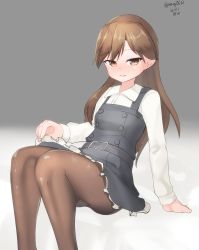Rule 34 | 1girl, absurdres, arashio (kancolle), arashio kai ni (kancolle), brown eyes, brown hair, brown pantyhose, commentary request, dated, dress, female focus, frilled dress, frills, gradient background, grey background, highres, kantai collection, long hair, long sleeves, maru (marg0613), pantyhose, pinafore dress, shirt, simple background, sitting, skirt hold, sleeveless, sleeveless dress, solo, twitter username, white shirt