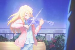 Rule 34 | 1girl, akiko 141, blonde hair, blue skirt, bow (music), cardigan, closed eyes, closed mouth, collared shirt, commentary, day, dress shirt, highres, holding, holding instrument, holding violin, instrument, long hair, long sleeves, miyazono kawori, music, necktie, open cardigan, open clothes, outdoors, pink cardigan, playing instrument, railing, shigatsu wa kimi no uso, shirt, skirt, solo, violin