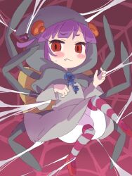 Rule 34 | 1girl, arthropod girl, arthropod limbs, blunt bangs, blush, commentary request, dress, fairy wings, fang, frown, full body, grey dress, highres, hood, hood up, ikzw, insect girl, key, looking at viewer, purple hair, red background, red eyes, red footwear, rilu rilu fairilu, shoes, silk, solo, spider (fairilu), spider girl, spider web, sweatdrop, wings