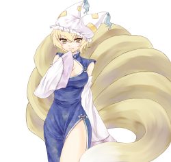 Rule 34 | 1girl, adapted costume, animal ears, bad id, bad pixiv id, bare shoulders, blonde hair, breasts, china dress, chinese clothes, cleavage, cleavage cutout, clothing cutout, detached sleeves, dress, female focus, fox ears, fox tail, hat, multiple tails, rattan tantaka, short hair, side slit, simple background, slit pupils, smile, solo, tail, thighs, touhou, yakumo ran, yellow eyes