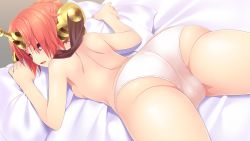 Rule 34 | 1girl, ass, bed sheet, blush, breasts, cameltoe, dutch angle, fate/apocrypha, fate/grand order, fate (series), foreshortening, frankenstein&#039;s monster (fate), from behind, game cg, headgear, horns, looking back, lying, nipples, on stomach, open mouth, panties, pillow, pillow grab, pink hair, profile, purple eyes, short hair, shoulder blades, single horn, small breasts, solo, splush wave, thighs, topless, underwear, underwear only, white panties