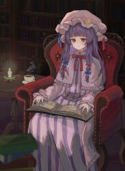 Rule 34 | 1girl, armchair, blue bow, blue ribbon, blunt bangs, blush, book, book stack, bookshelf, bow, bowtie, candle, capelet, chair, closed mouth, commentary, crescent, crescent hat ornament, cup, dress, dwioshxyc, feet out of frame, frilled capelet, frilled dress, frills, hair bow, hat, hat ornament, hat ribbon, highres, indoors, long hair, long sleeves, looking at viewer, mob cap, open book, patchouli knowledge, pink capelet, pink dress, pink hat, purple eyes, purple hair, red bow, red bowtie, red ribbon, ribbon, saucer, sitting, smile, solo, steam, striped clothes, striped dress, table, teacup, touhou, vertical-striped clothes, vertical-striped dress