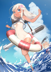 Rule 34 | &gt; &lt;, 10s, 2girls, :3, :d, assisted exposure, blonde hair, bottomless, breasts, closed eyes, clothes theft, convenient censoring, dark-skinned female, dark skin, embarrassed, fang, gradient background, holding, holding clothes, holding swimsuit, i-58 (kancolle), kantai collection, lifebuoy, long hair, md5 mismatch, multiple girls, naitou ryuu, navel, no bra, one-piece tan, open mouth, resolution mismatch, revision, ro-500 (kancolle), school swimsuit, small breasts, smile, source larger, swim ring, swimsuit, tan, tanline, theft, torpedo, twitter username, underboob, unworn swimsuit, water