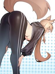 Rule 34 | 1girl, absurdres, alternate costume, animal ear fluff, animal ears, arknights, ass, bent over, blonde hair, blush, breasts, commission, distr, dotted background, from behind, from side, hands on own legs, highres, horse ears, horse girl, horse tail, large breasts, long hair, looking at viewer, looking back, nearl (arknights), non-web source, open mouth, orange eyes, pants, solo, standing, sweat, sweatpants, tail, underboob, white background, wide sleeves