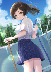 Rule 34 | 1girl, absurdres, blue skirt, blue sky, broom, brown hair, chain-link fence, cloud, cloudy sky, commentary, contrail, cowboy shot, dress shirt, dutch angle, fence, from behind, hair ornament, hairclip, highres, holding, holding broom, holding hose, hose, idolmaster, idolmaster million live!, kitazawa shiho, lens flare, long hair, looking at viewer, looking back, marishiten (mar1sh110), medium hair, miniskirt, parted lips, pleated skirt, ponytail, pool, school uniform, shirt, short hair, skirt, sky, solo, standing, swept bangs, white shirt, wind, yellow eyes