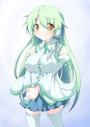 Rule 34 | 1girl, blush, breasts, detached sleeves, female focus, green hair, hair ornament, hair tubes, kochiya sanae, large breasts, long hair, niyadepa, no nose, own hands clasped, own hands together, pleated skirt, skirt, smile, snake, solo, thighhighs, touhou, v arms, white thighhighs, yellow eyes, zettai ryouiki