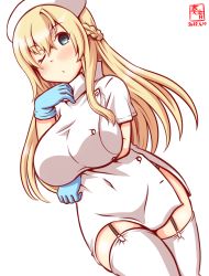 Rule 34 | 1girl, alternate costume, artist logo, blonde hair, blue eyes, blue gloves, braid, commentary request, cowboy shot, dated, dress, french braid, garter straps, gloves, hat, kanon (kurogane knights), kantai collection, long hair, looking at viewer, nurse, nurse cap, one-hour drawing challenge, one eye closed, pink dress, pink thighhighs, simple background, solo, thighhighs, warspite (kancolle), white background