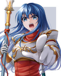 Rule 34 | 1girl, angry, armor, blue eyes, blue hair, border, breastplate, caeda (fire emblem), fire emblem, fire emblem: mystery of the emblem, floating hair, gloves, grey background, holding, holding polearm, holding spear, holding weapon, index finger raised, long hair, looking at viewer, nintendo, open mouth, outside border, pointing, pointing at viewer, polearm, shoulder armor, solo, spear, ten (tenchan man), upper body, v-shaped eyebrows, very long hair, weapon, white border, white gloves