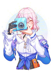 Rule 34 | 1girl, archery shooting glove, black corset, black gloves, blue jacket, bra strap, breasts, buttons, camera, closed eyes, collarbone, corset, cropped torso, dress shirt, flower ornament, gloves, gradient jacket, hands up, highres, holding, holding camera, honkai: star rail, honkai (series), jacket, long sleeves, march 7th (honkai: star rail), medium breasts, medium hair, open mouth, partially fingerless gloves, pink hair, pink jacket, sakana1214, shirt, single glove, smile, solo, tied jacket, underbust, white shirt